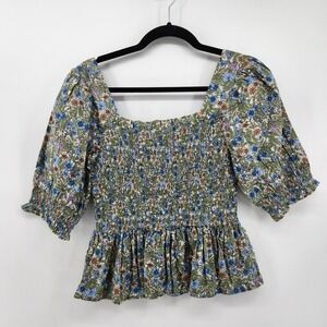 MNG / Mango Floral Smocked Peplum Top Square Neck Green‎ Blue Size 4 / Small